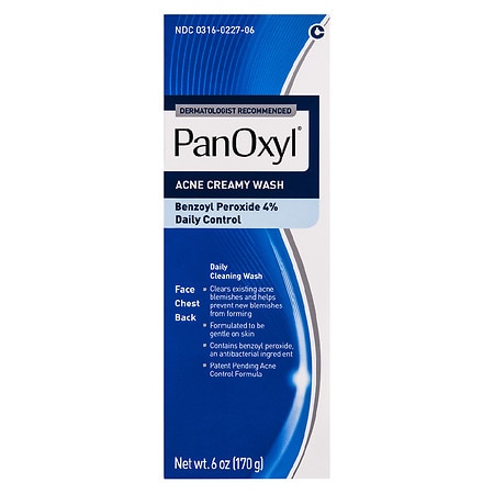 PanOxyl Creamy Wash 4% Benzoyl Peroxide Daily Control Deep Cleaning Wash for Acne, 6 OZ
